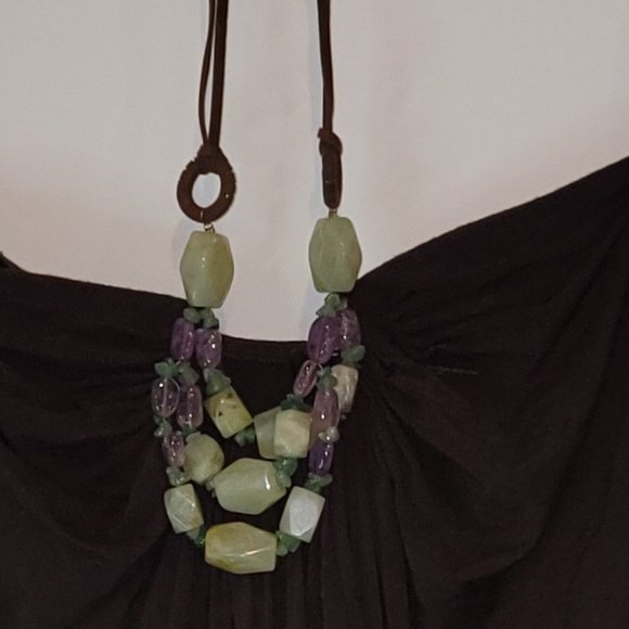 Sky Halter Style Brown Top with Leather and Mineral Stone Neck Ties, Size XS - Picture 2 of 5